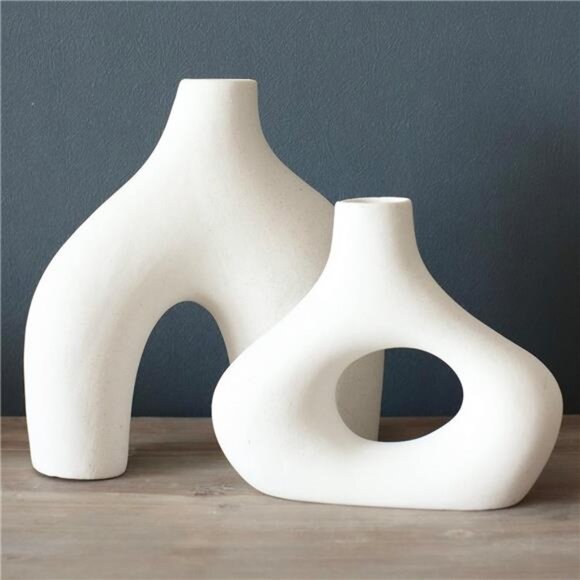 Vase Set of 2 - Minimalist Nordic, White Ceramic Hollow - Picture 3 of 8